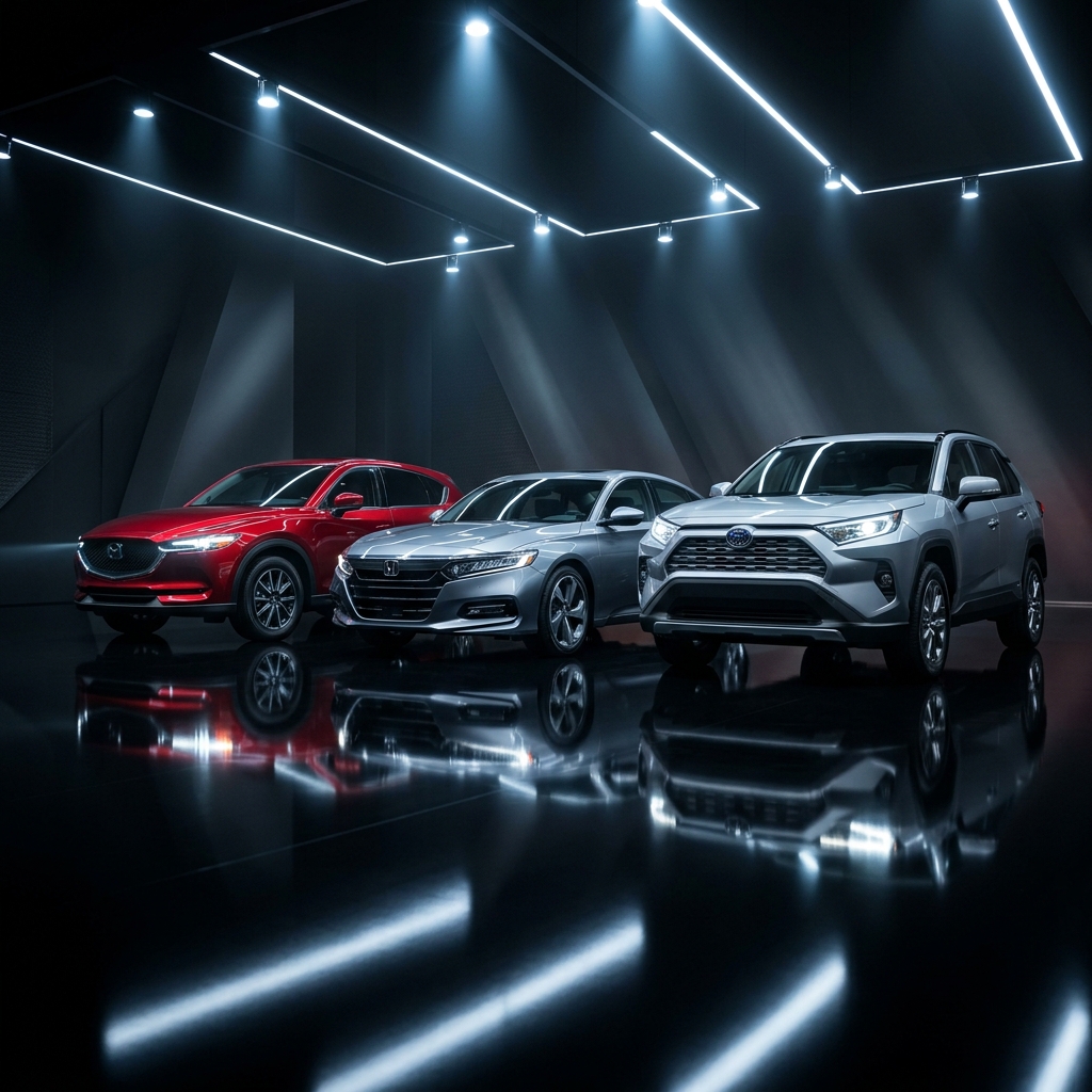 Top 10 most reliable car brands of 2026 lineup including Toyota RAV4, Honda Accord, and Mazda CX-5 in a premium studio setting