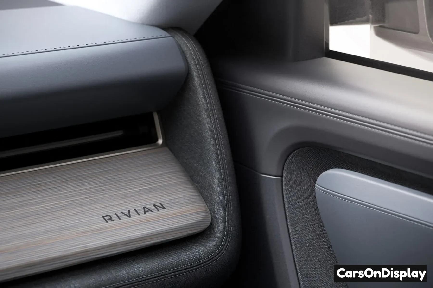 Rivian R2 interior featuring upcycled birch wood trim and sustainable materials - adventure meets luxury