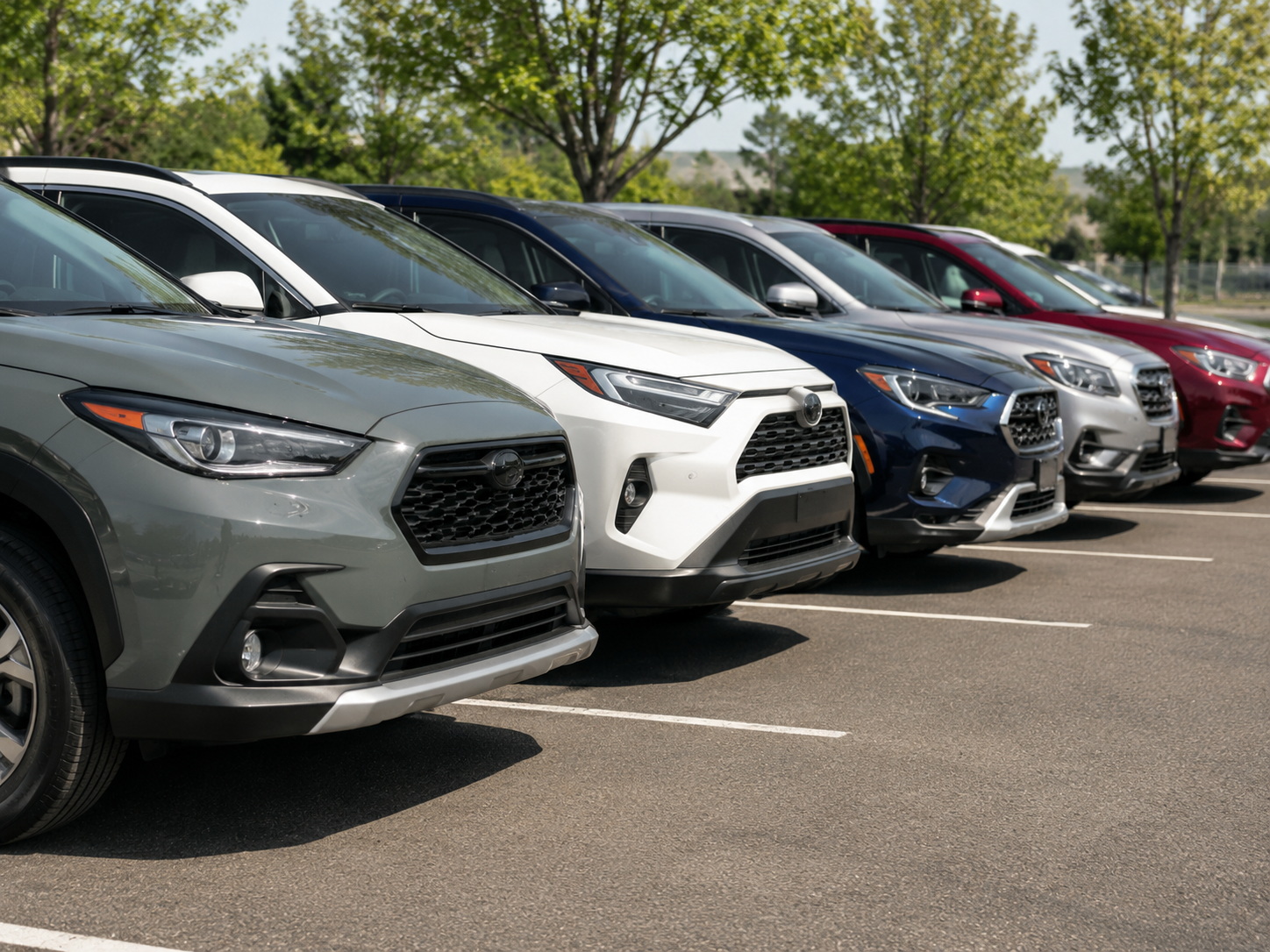 Cheapest Cars to Insure in 2026 Row of compact SUVs including Subaru Forester and Honda CR-V, the cheapest vehicles to insure in 2026