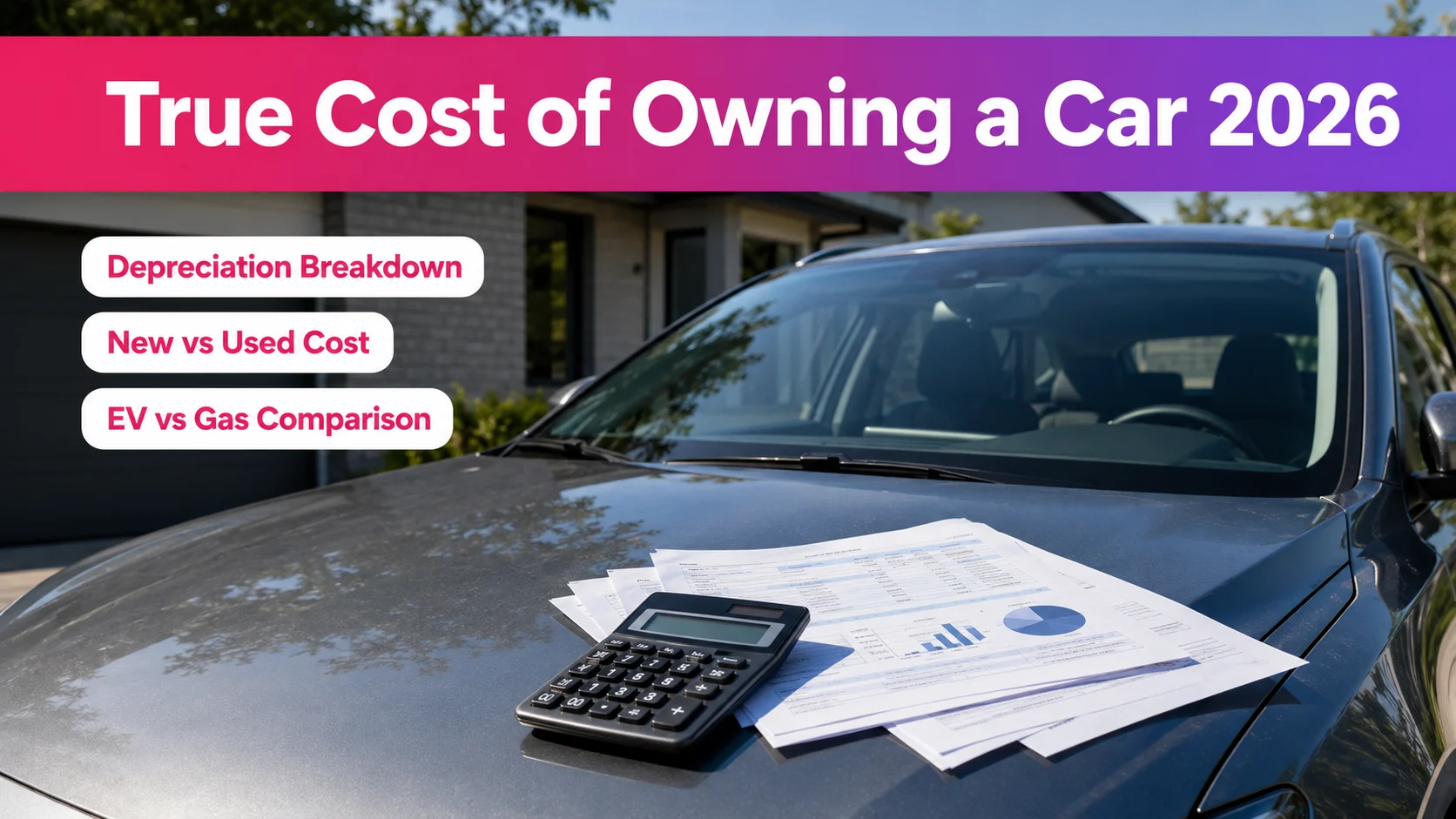 True Cost of Owning a Car 2026 Hero Car parked in driveway with calculator and paperwork, representing total cost of car ownership