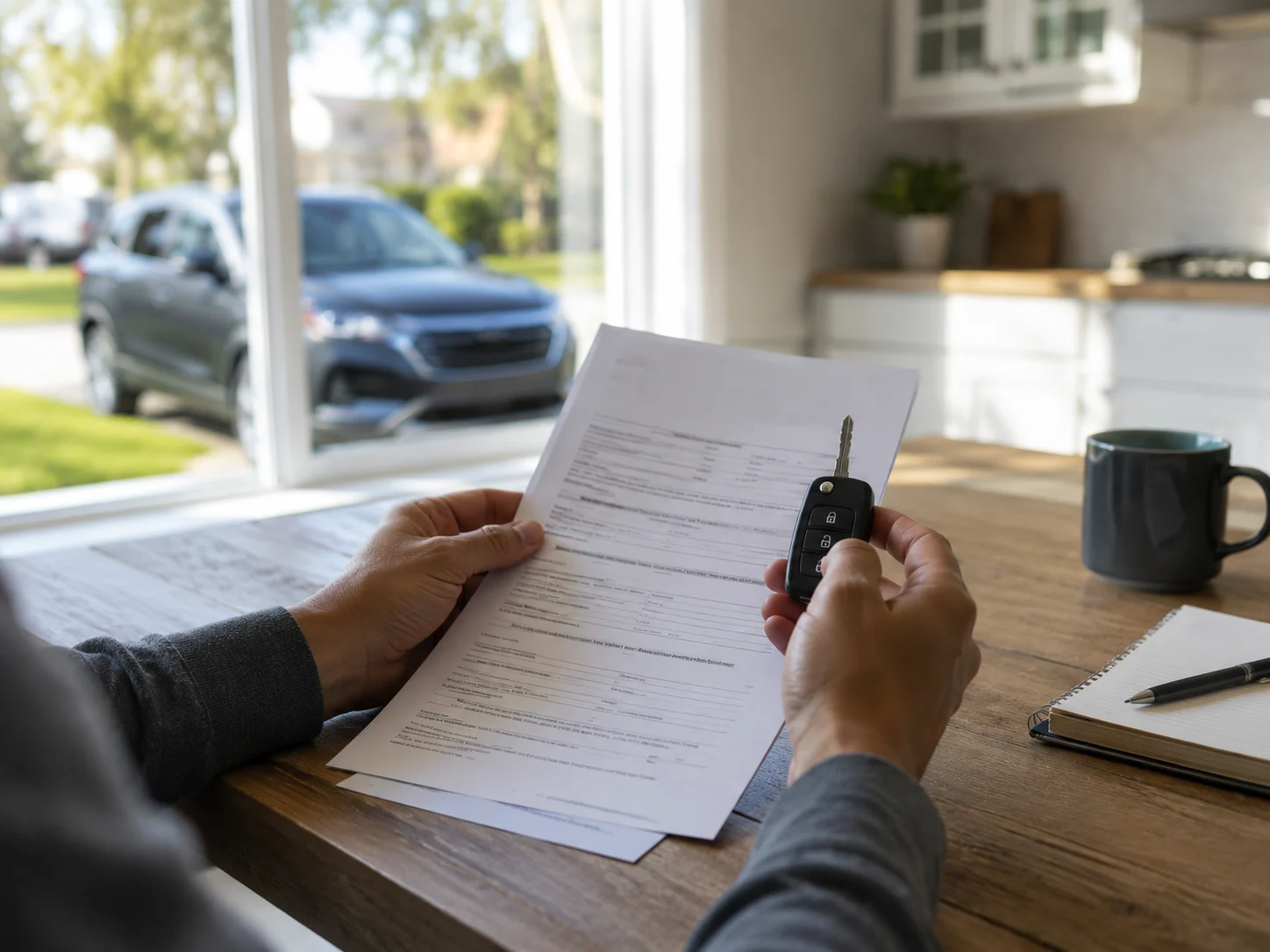 Reviewing Car Loan Financing Documents Person reviewing car loan paperwork and holding car keys, representing common car financing mistakes
